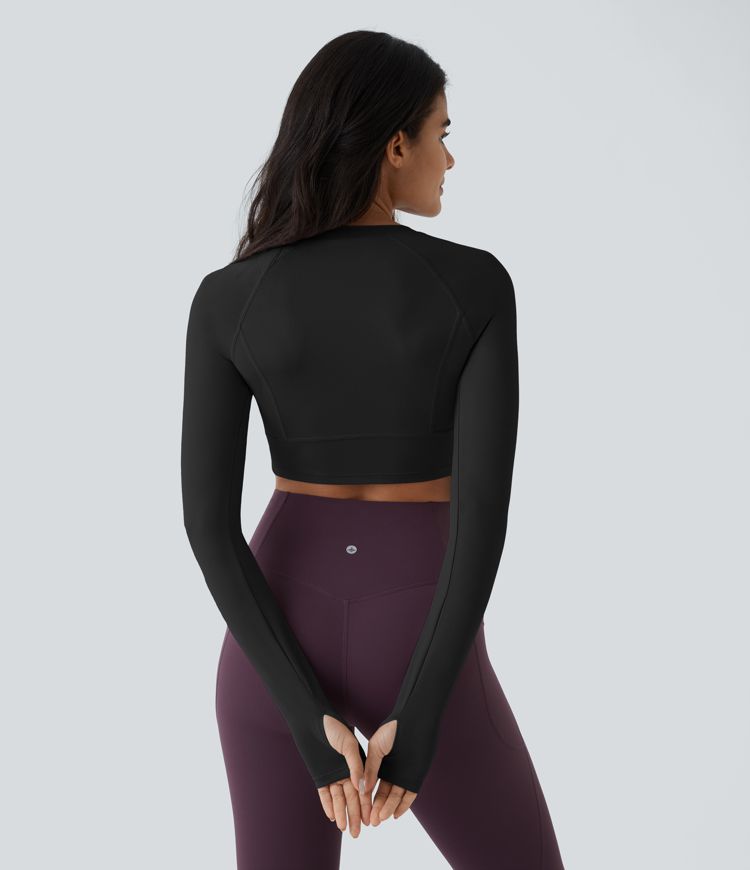 Solid Thumb Hole Cropped Yoga Sports Top