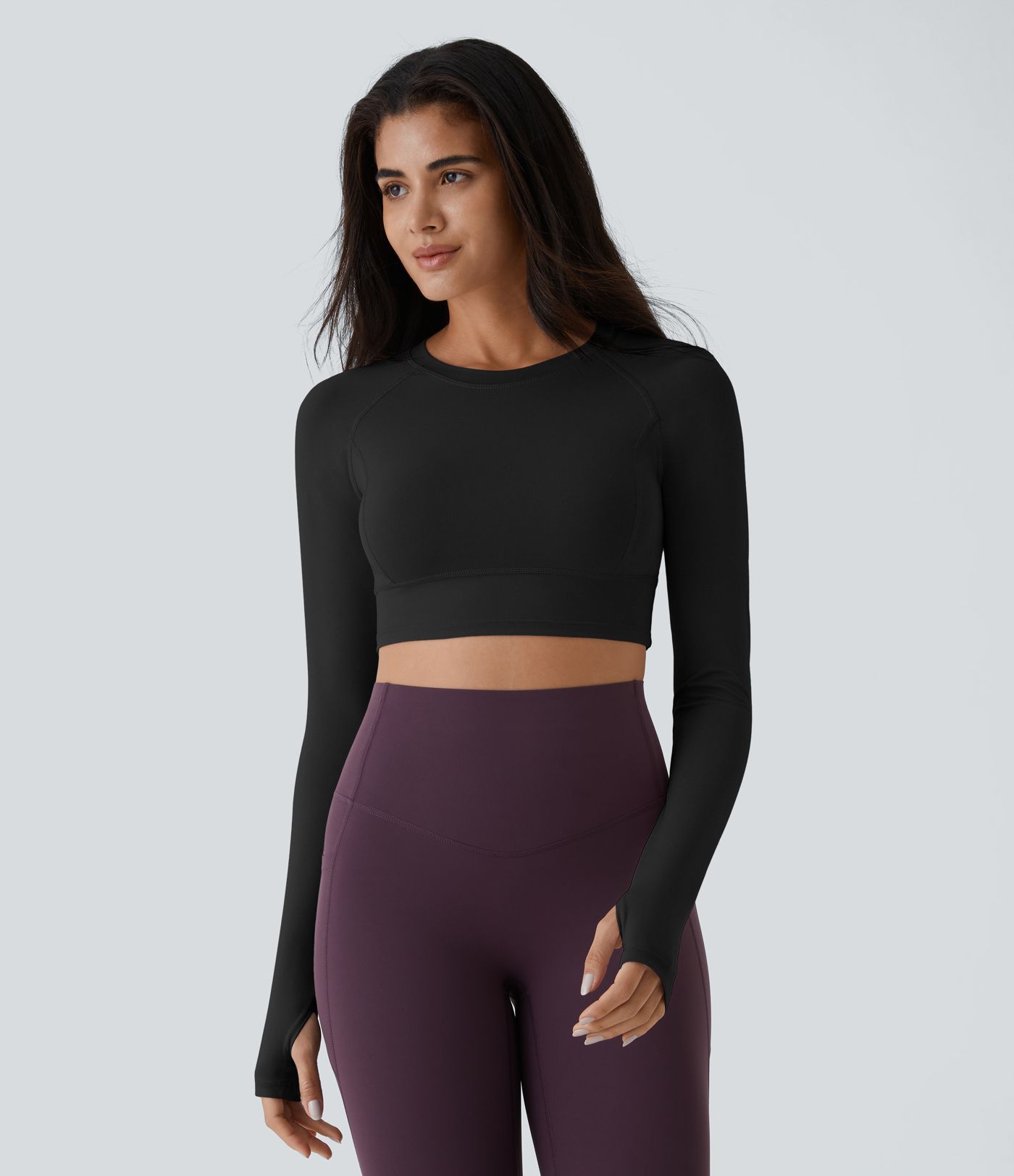 Solid Thumb Hole Cropped Yoga Sports Top