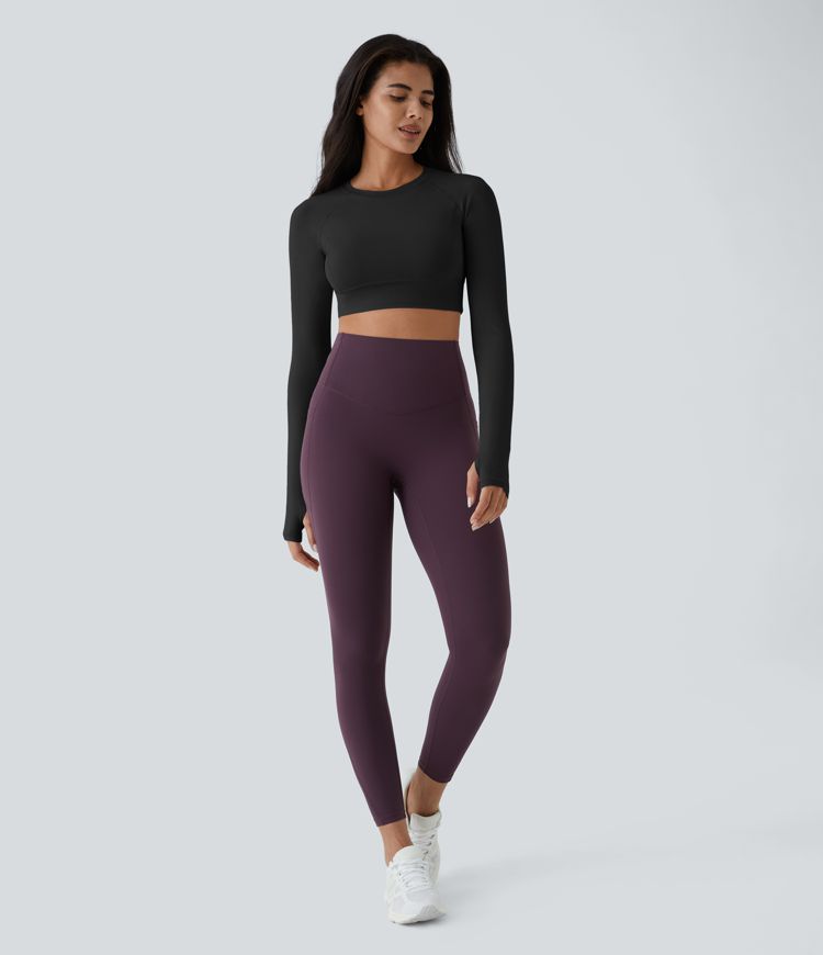 Solid Thumb Hole Cropped Yoga Sports Top