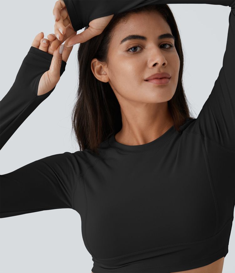 Solid Thumb Hole Cropped Yoga Sports Top