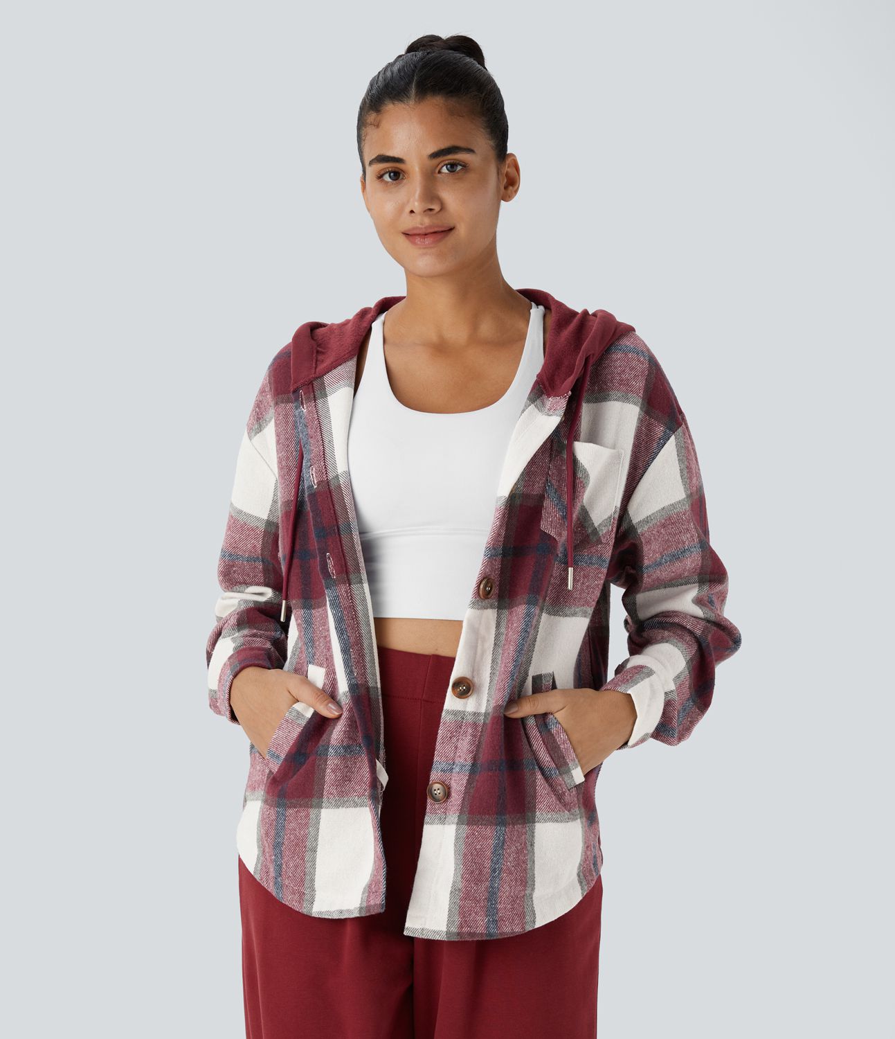 Hooded Drawstring Button Side Pocket Checkered Insulated Casual Jacket