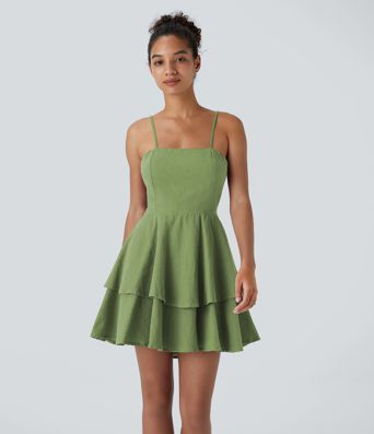 Backless Adjustable Strap Tie Back Tiered Ruffle Flowy Slip Mini Casual Linen-Feel Dress