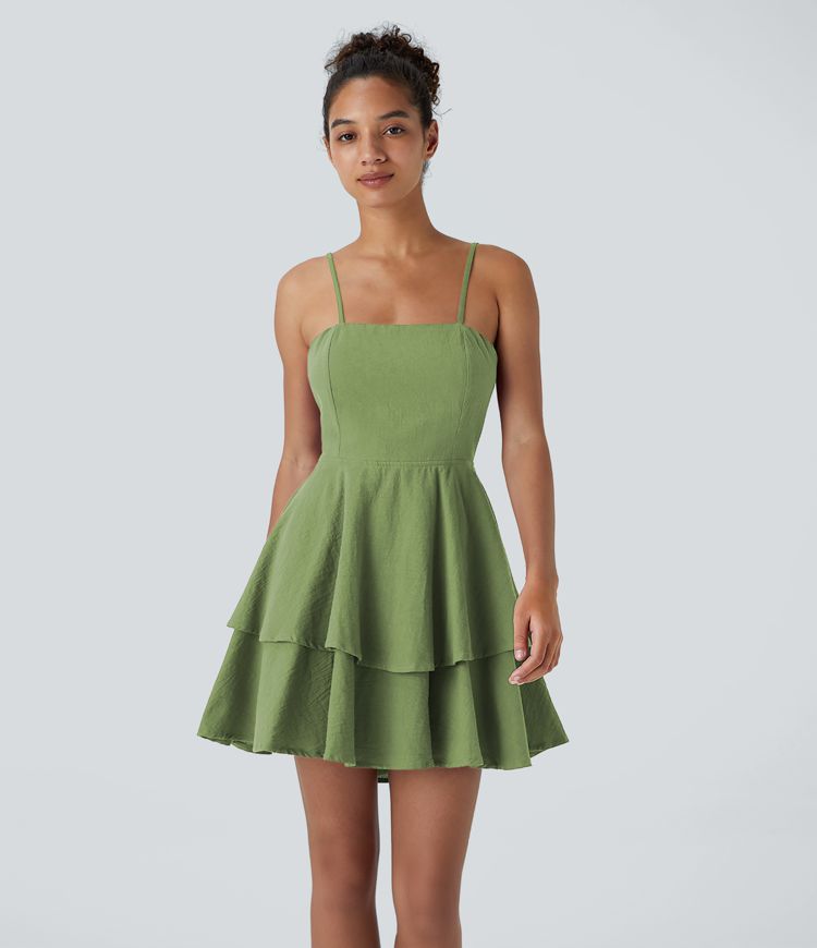 Backless Adjustable Strap Tie Back Tiered Ruffle Flowy Slip Mini Casual Linen-Feel Dress