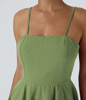 Backless Adjustable Strap Tie Back Tiered Ruffle Flowy Slip Mini Casual Linen-Feel Dress