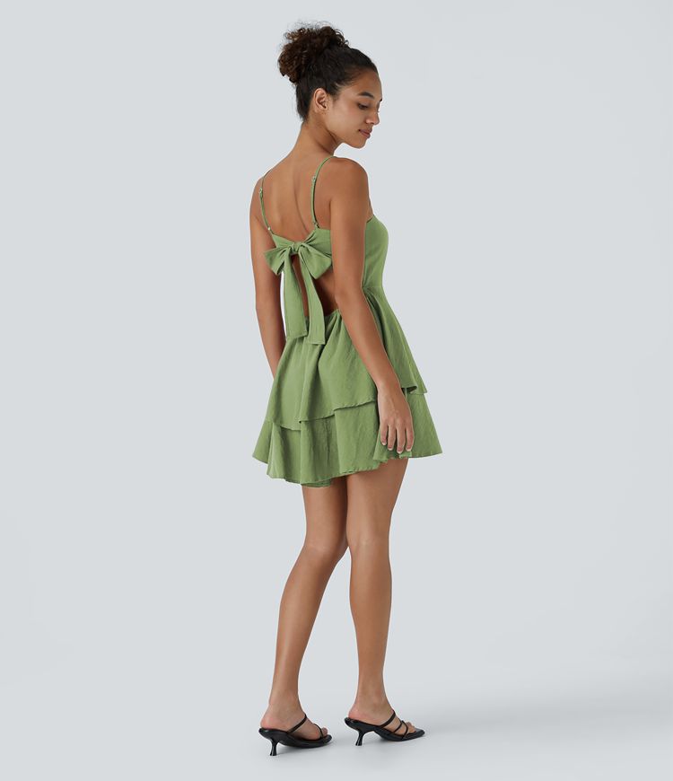 Backless Adjustable Strap Tie Back Tiered Ruffle Flowy Slip Mini Casual Linen-Feel Dress