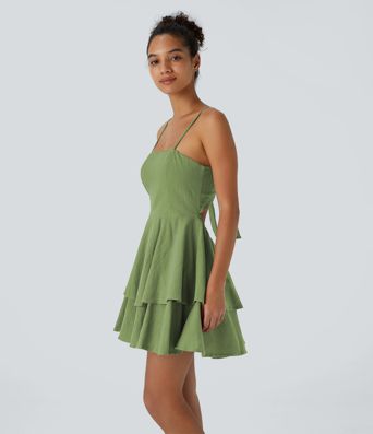 Backless Adjustable Strap Tie Back Tiered Ruffle Flowy Slip Mini Casual Linen-Feel Dress