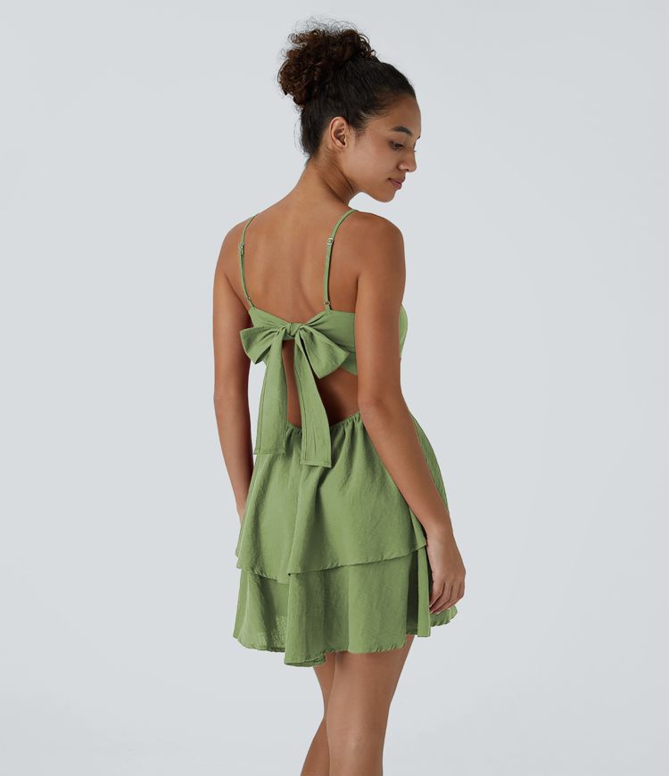Backless Adjustable Strap Tie Back Tiered Ruffle Flowy Slip Mini Casual Linen-Feel Dress
