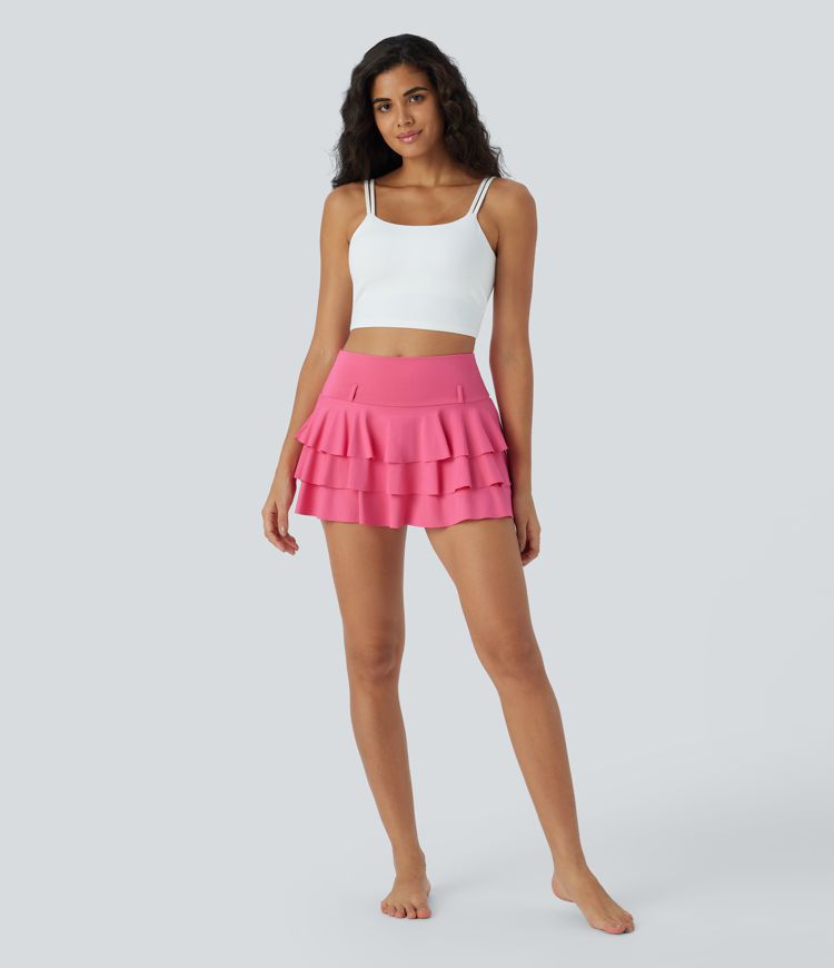 High Waisted Tiered Ruffle 2-in-1 Pocket Micro Mini Dance Skirt Without Belt