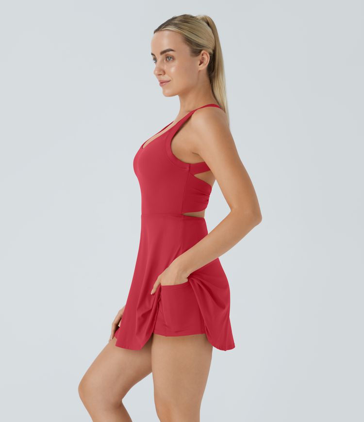 backless sports dress Women Tennis Dress Sleeveless Crew Neck Sports Dress Hollowed Backless  Bodycon Slit Casual Mini Dress Tie Front Tank Dress with Built-in Shorts  for Vacation