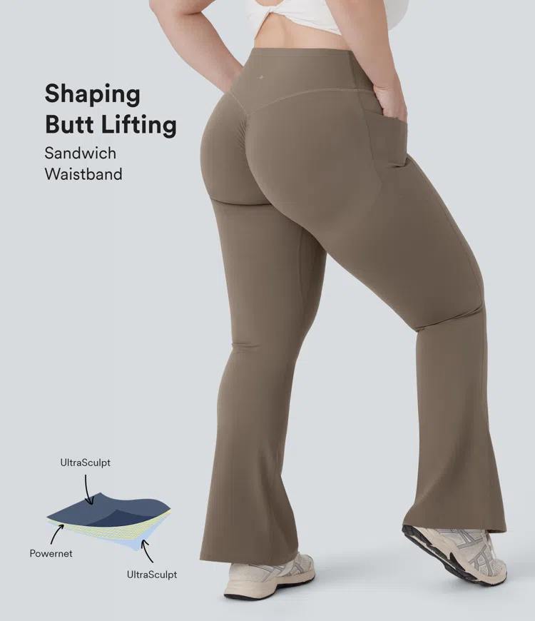 Halara UltraSculpt™ SoCinched, Plus-Size - Formende Bootcut-Yoga-Leggings mit hohem Bund, Seitentaschen und Bauchkontrolle - Po-Lifting
