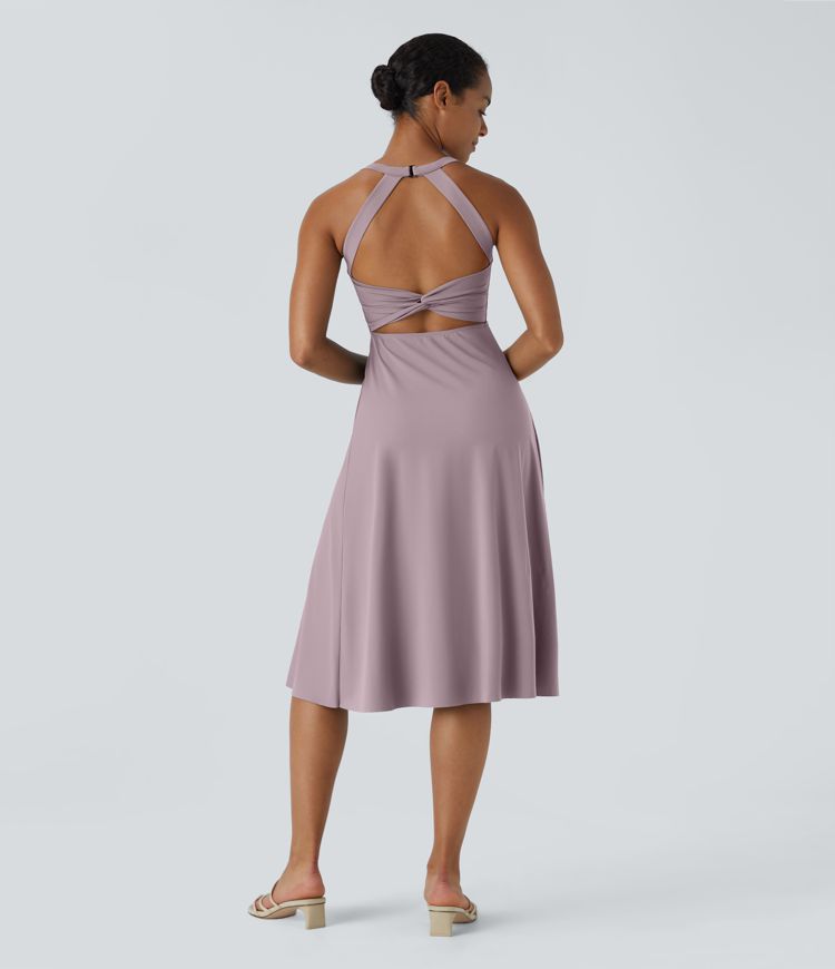 Backless Cut Out Twisted Side Pocket Split Midi Casual Dress