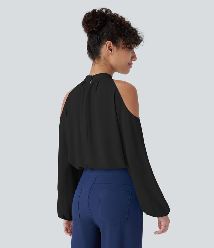 Stand Collar Button Cold Shoulder Bishop Sleeve Casual Blouse