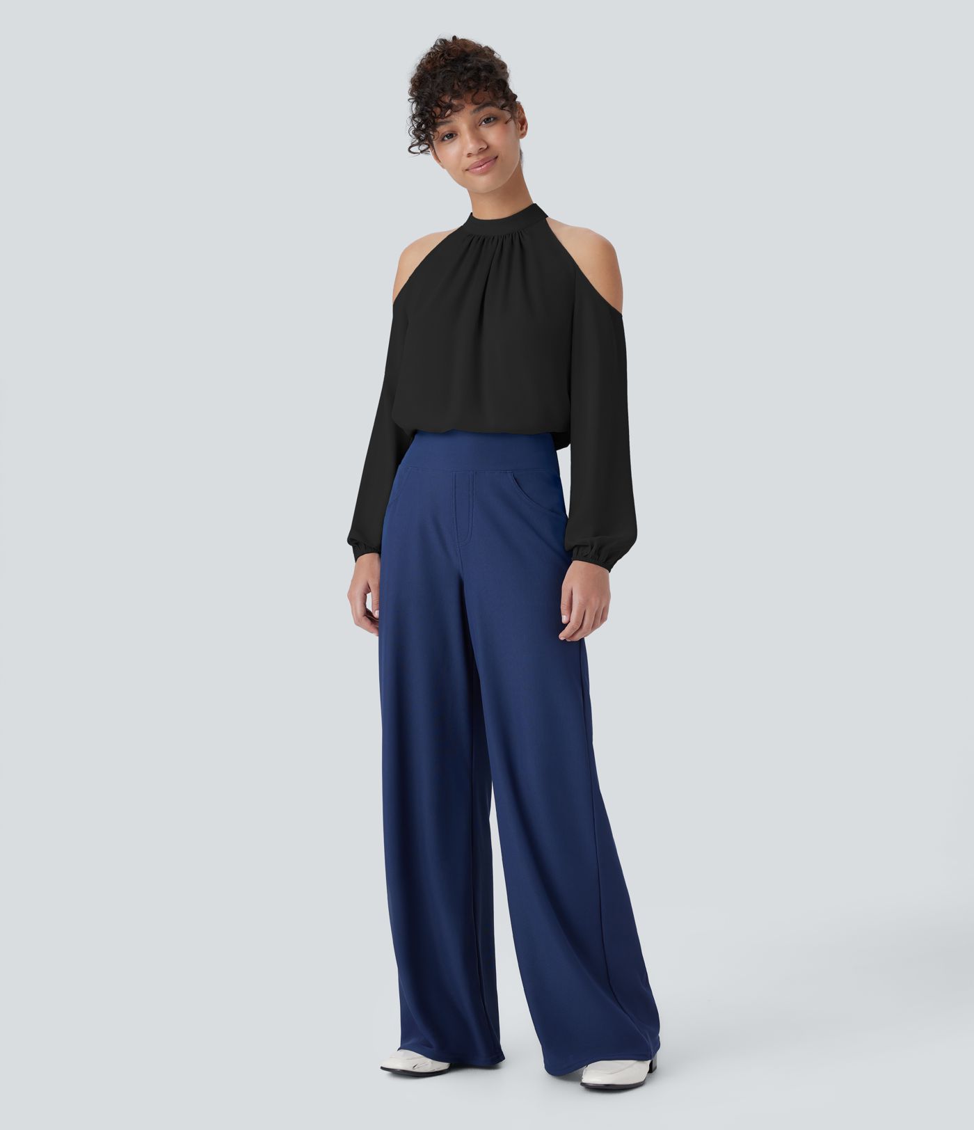 Stand Collar Cold Shoulder Bishop Sleeve Casual Blouse