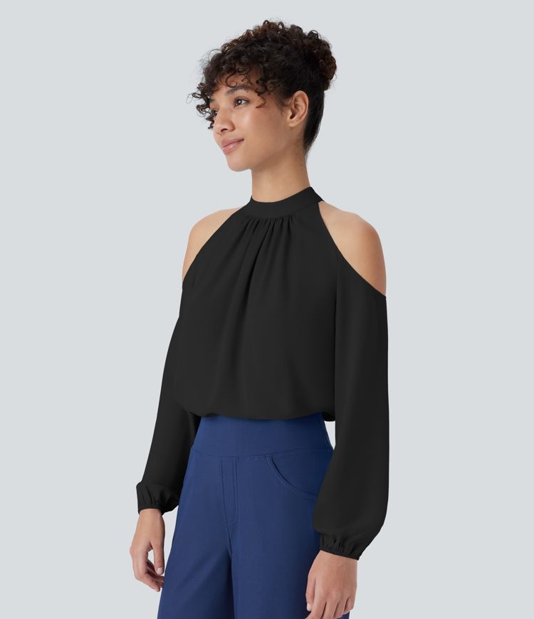 Stand Collar Button Cold Shoulder Bishop Sleeve Casual Blouse