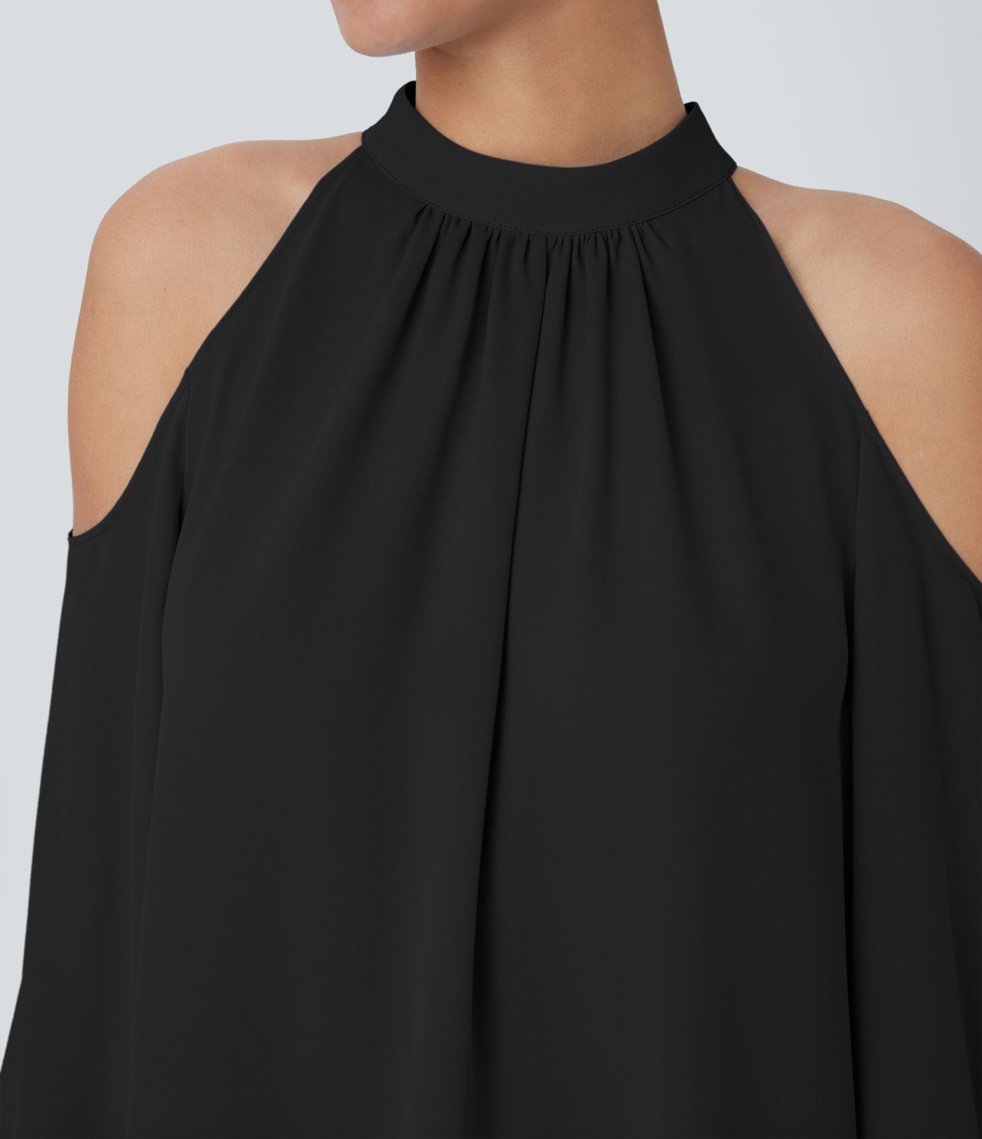 Stand Collar Cold Shoulder Bishop Sleeve Casual Blouse