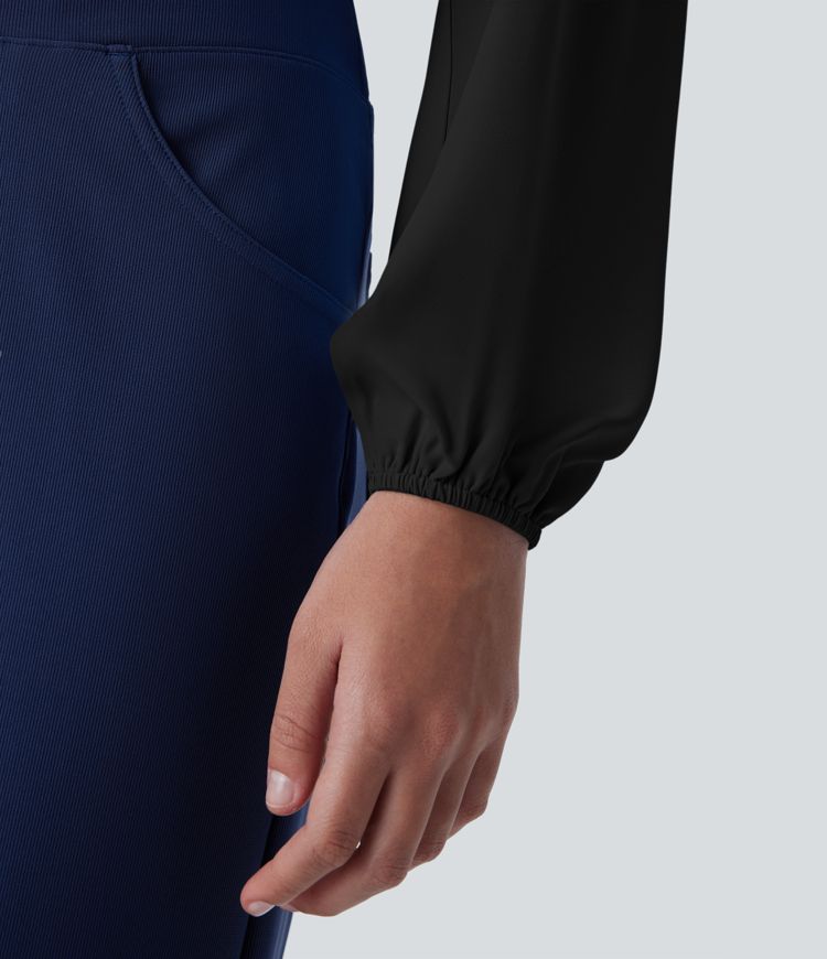 Stand Collar Cold Shoulder Bishop Sleeve Casual Blouse