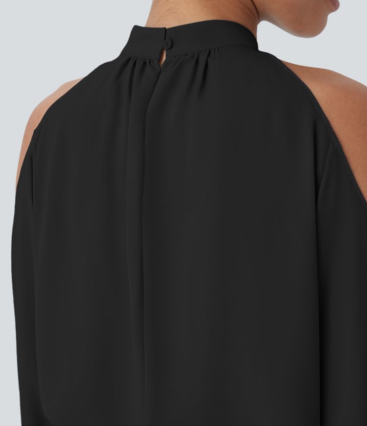 Stand Collar Cold Shoulder Bishop Sleeve Casual Blouse