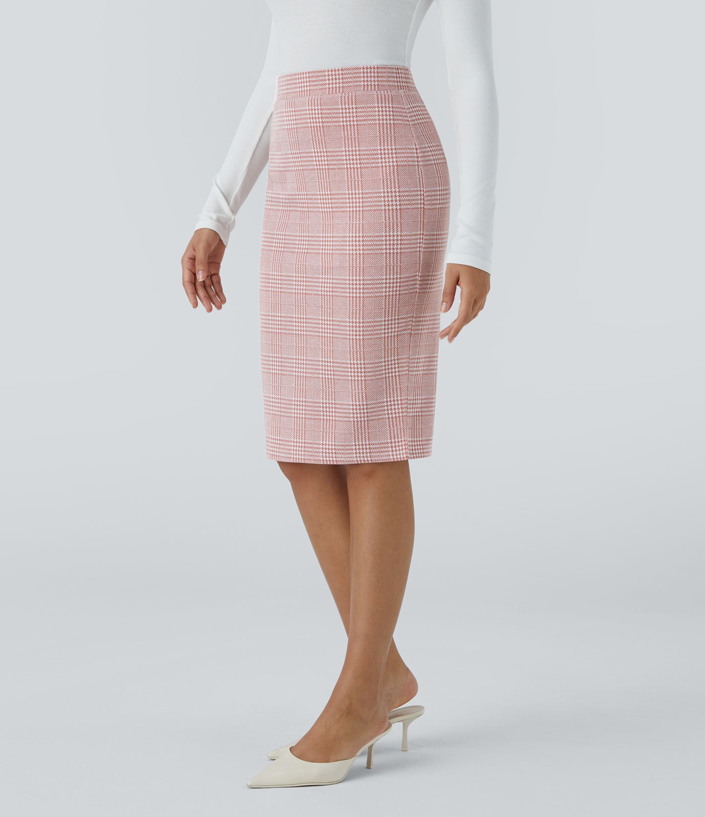 Bleistiftrock mit Hahnentrittmuster, hohem Bund, Schlitzsaum und Karomuster
