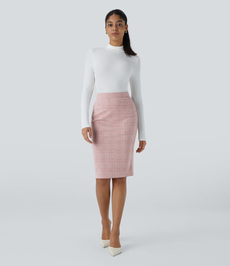 Bleistiftrock mit Hahnentrittmuster, hohem Bund, Schlitzsaum und Karomuster