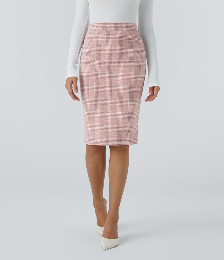 High Waisted Hem Houndstooth Plaid Work Pencil Skirt