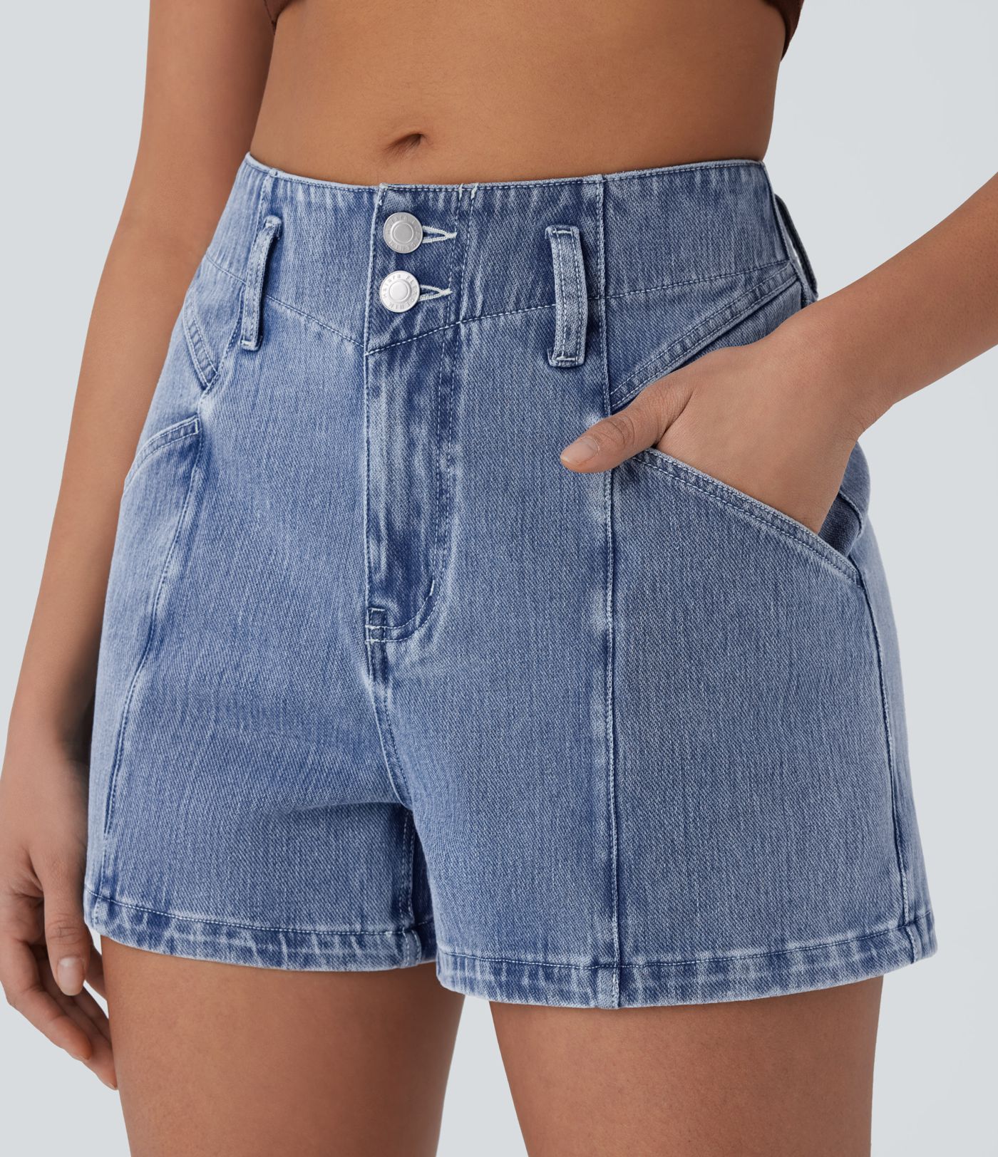 Halara Flex™ Mid Rise Button Zipper Side Pocket Stretchy Knit Denim Casual Shorts 3''