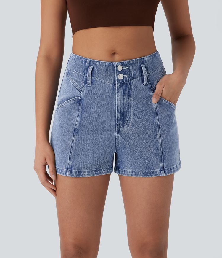 Halara Flex™ Mid Rise Button Zipper Side Pocket Stretchy Knit Denim Casual Shorts 3''