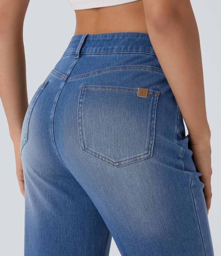 Jean bootcut décontracté extensible avec poches multiples, bouton, fermeture éclair et taille haute Halara Flex™