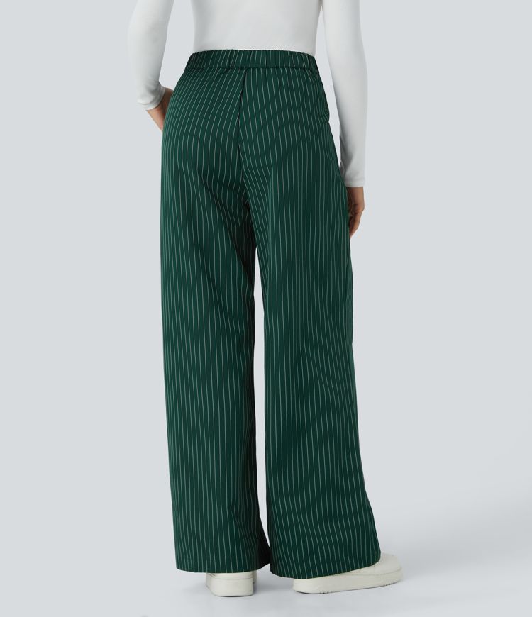 High Waisted Button Zipper Side Pocket Wide Leg Striped Work Pants