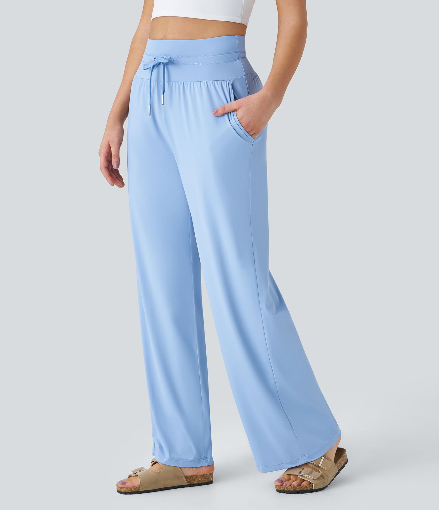 Pantalones casuales de pierna ancha con cintura alta, bolsillos con cordón y toque fresco - UPF50+