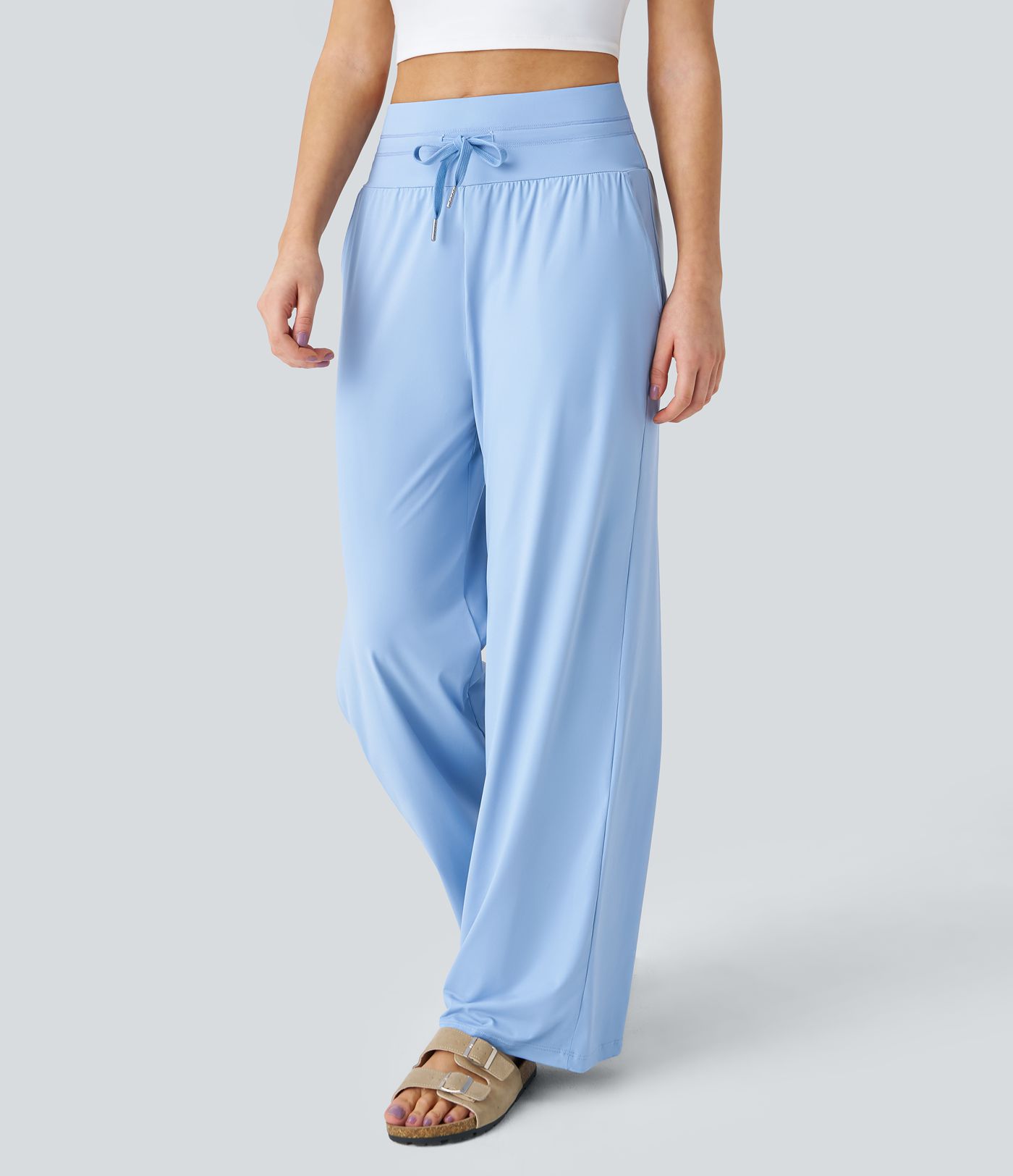 High Waisted Drawstring Pocket Wide Leg Cool Touch Casual Pants-UPF50+