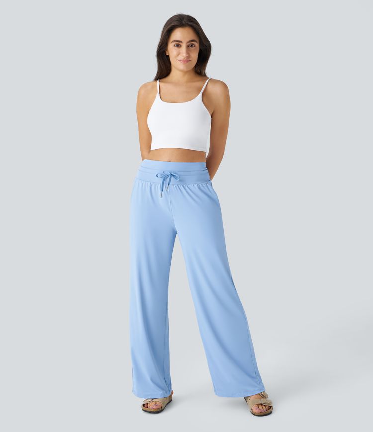 Pantalon Large Casual Taille Haute Cordon de Serrage Poches Latérales Toucher Frais