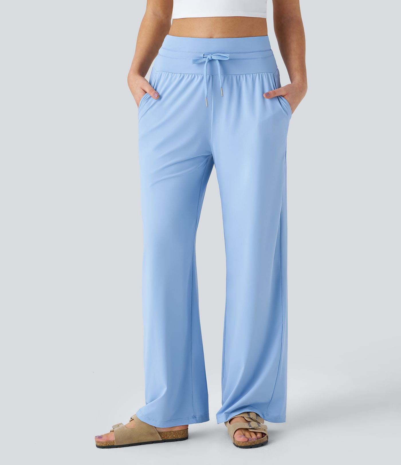 Pantalones casuales de pierna ancha con cintura alta, bolsillos con cordón y toque fresco - UPF50+