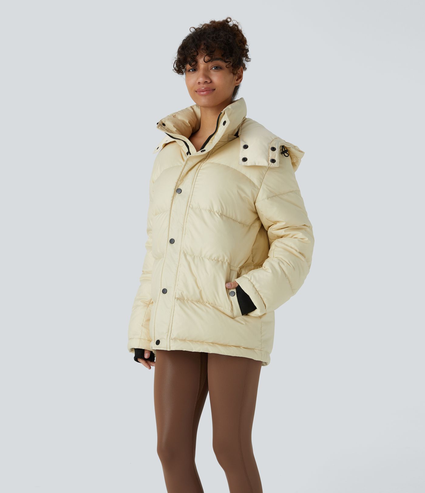 Water Repellent Removable Hood Stand Collar Button Zipper Long Sleeve Multiple Pockets Adjustable Drawcord Casual Puffer Down Jacket