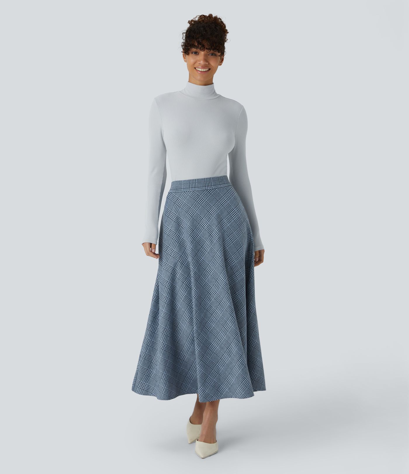 High Waisted Pocket Houndstooth Plaid Flare Midi Casual Skirt