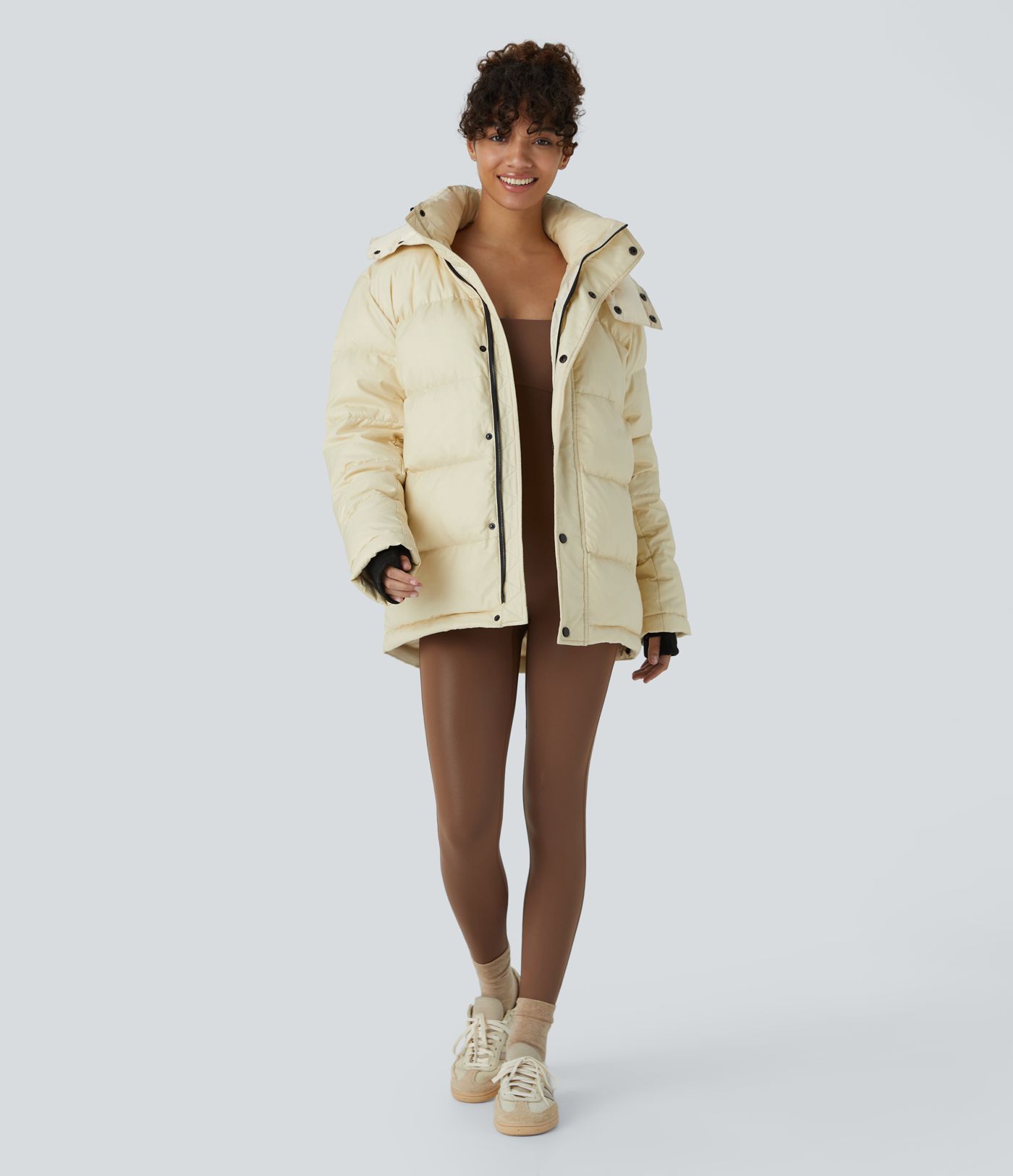 Water Repellent Removable Hood Stand Collar Button Zipper Long Sleeve Multiple Pockets Adjustable Drawcord Casual Puffer Down Jacket