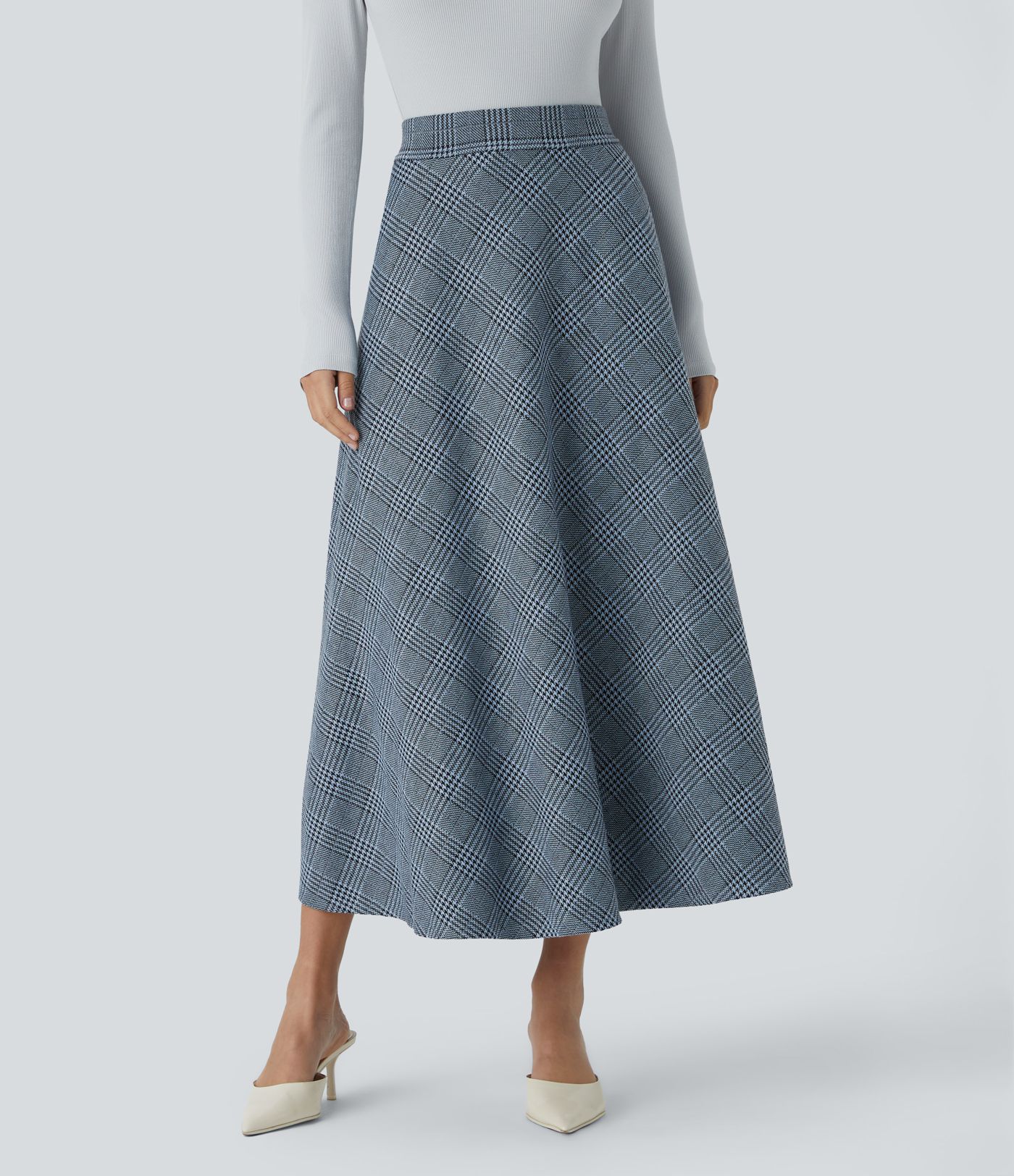 High Waisted Pocket Houndstooth Plaid Flare Midi Casual Skirt
