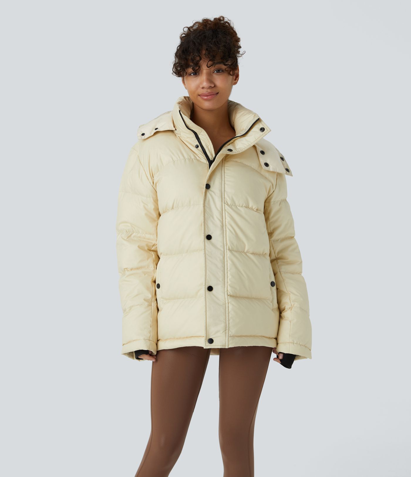 Water Repellent Removable Hood Stand Collar Button Zipper Long Sleeve Multiple Pockets Adjustable Drawcord Casual Puffer Down Jacket