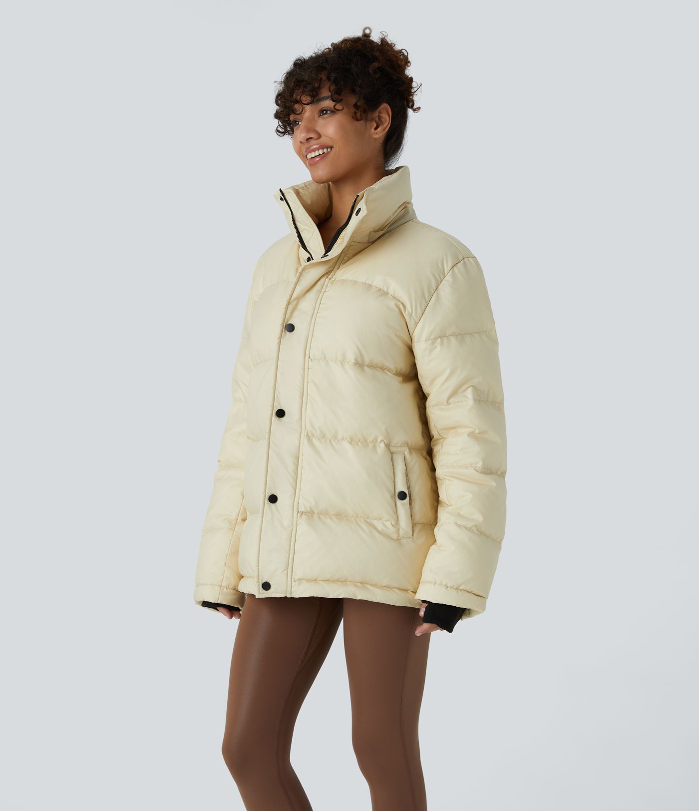 Water Repellent Removable Hood Stand Collar Button Zipper Long Sleeve Multiple Pockets Adjustable Drawcord Casual Puffer Down Jacket