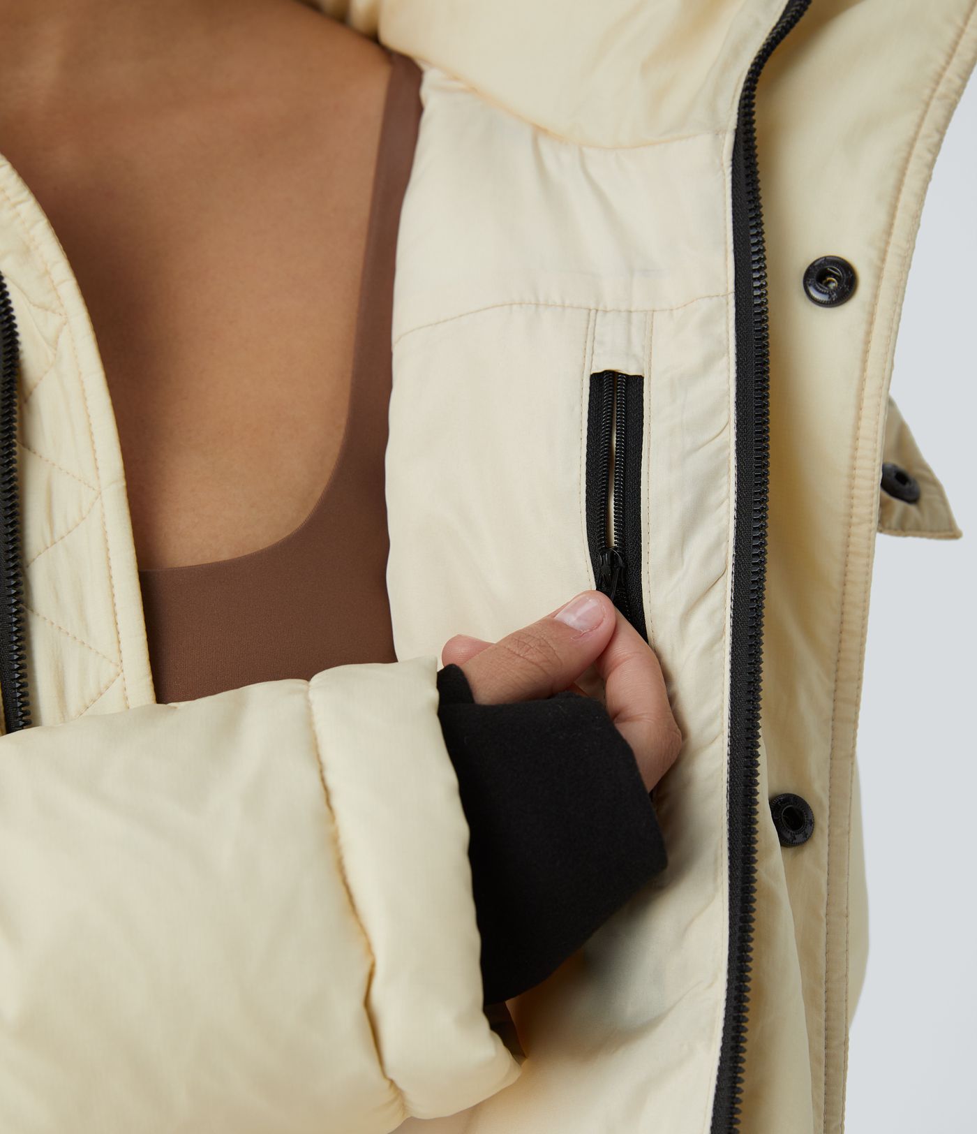 Water Repellent Removable Hood Stand Collar Button Zipper Long Sleeve Multiple Pockets Adjustable Drawcord Casual Puffer Down Jacket