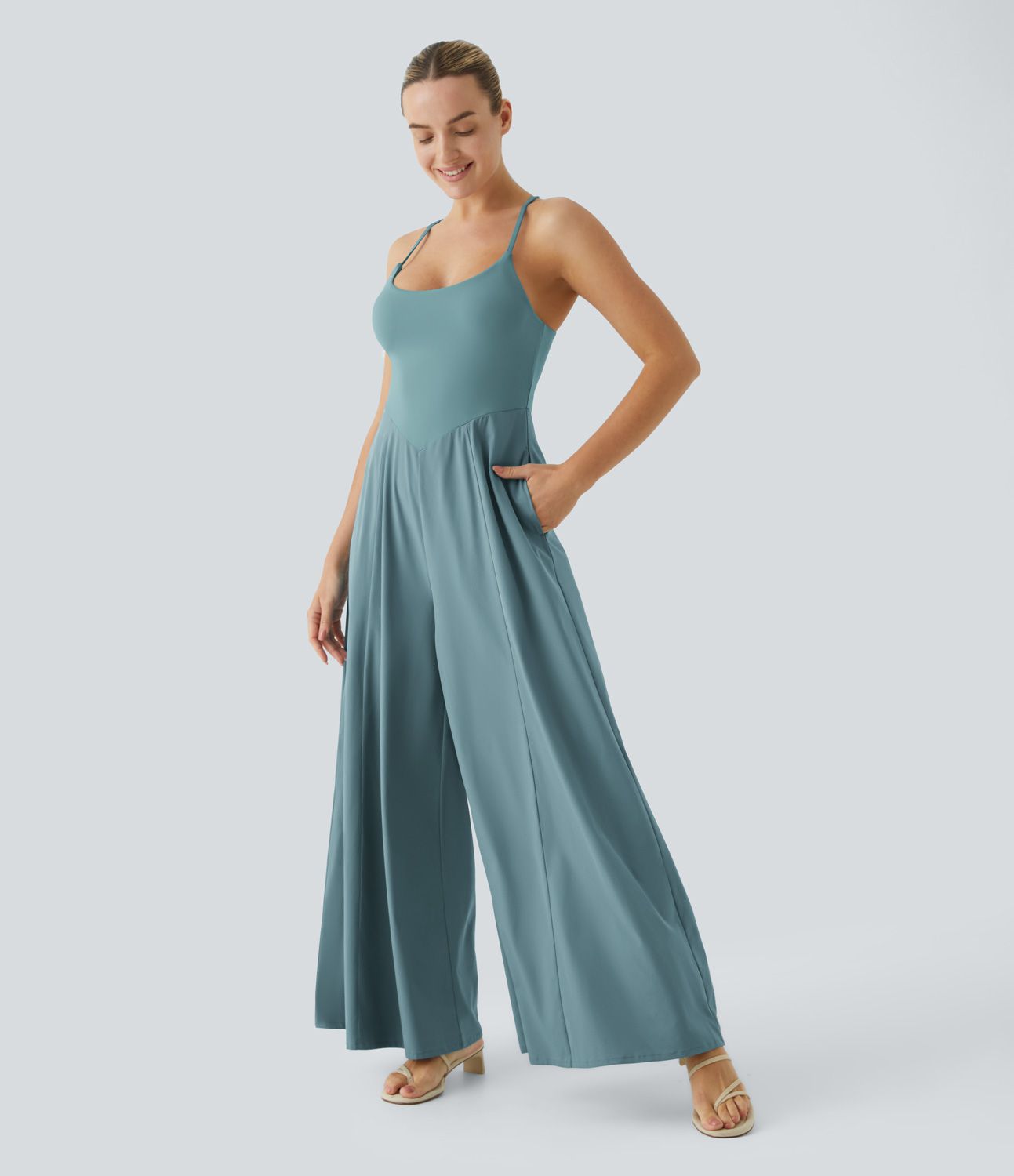 Breezeful™ Backless Cross Side Pocket Flowy Quick Dry Resort Slip Jumpsuit