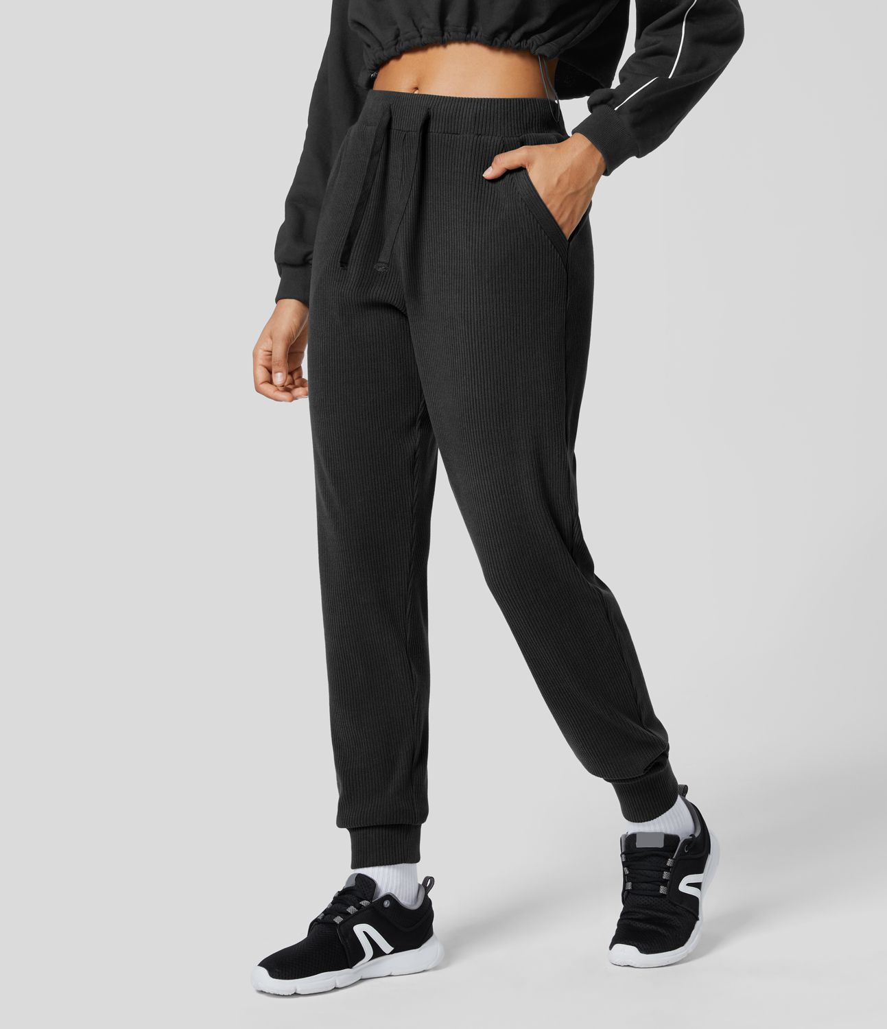 Jogging Casual à Taille Moyenne en Tricot Côtelé avec Cordon de Serrage et Multiples Poches