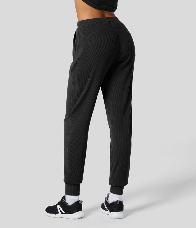 Jogging Casual à Taille Moyenne en Tricot Côtelé avec Cordon de Serrage et Multiples Poches