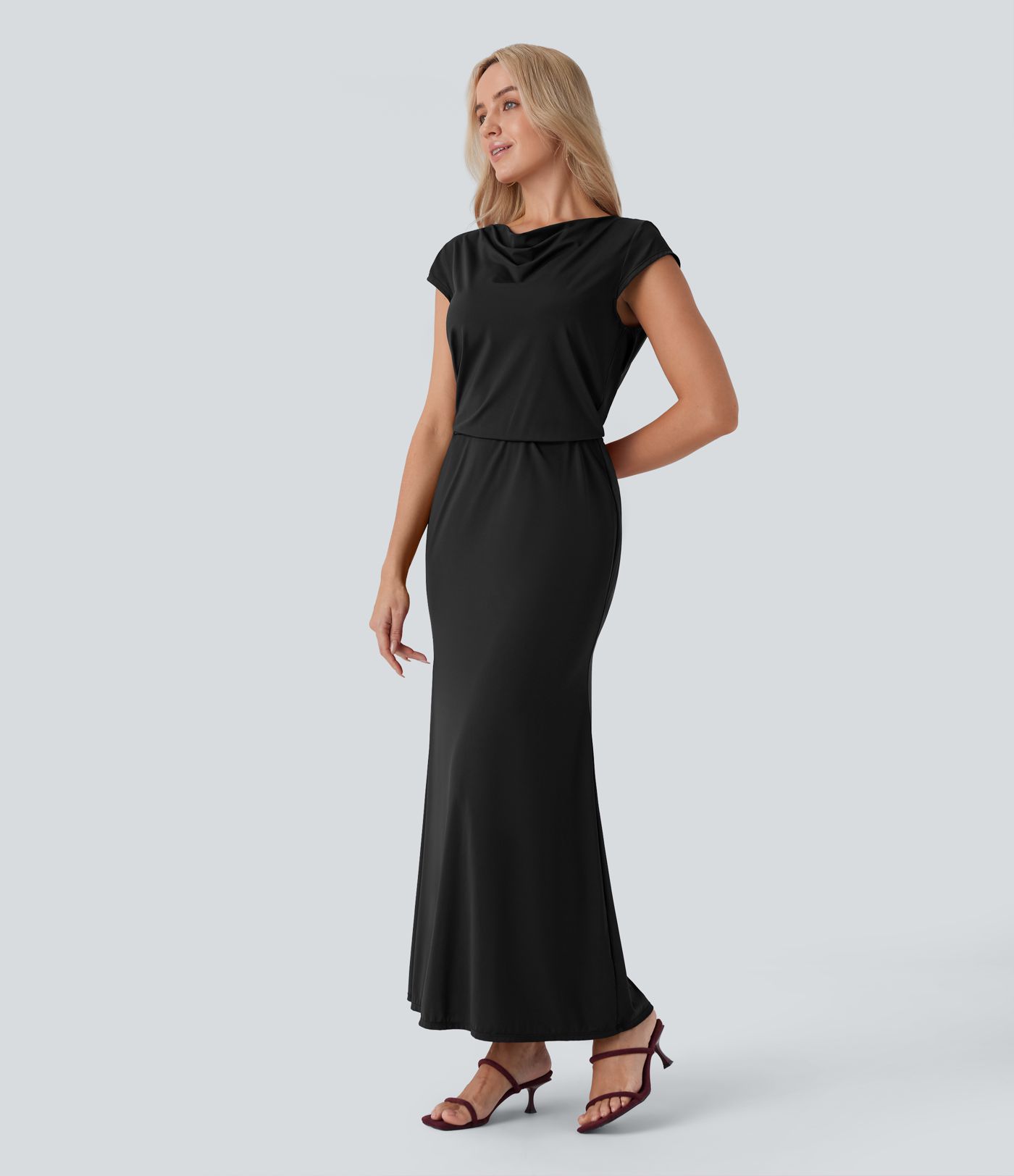Tie Back Cowl Neck Cap Sleeve Maxi Dress