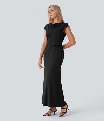 Tie Back Cowl Neck Cap Sleeve Maxi Dress
