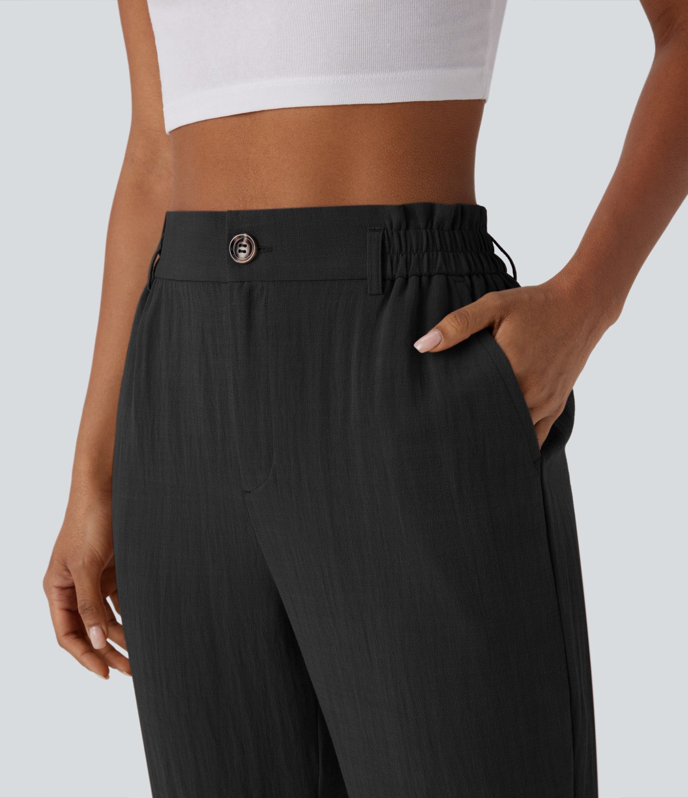 High Waisted Zipper Pocket Capri Linen-Feel Pants