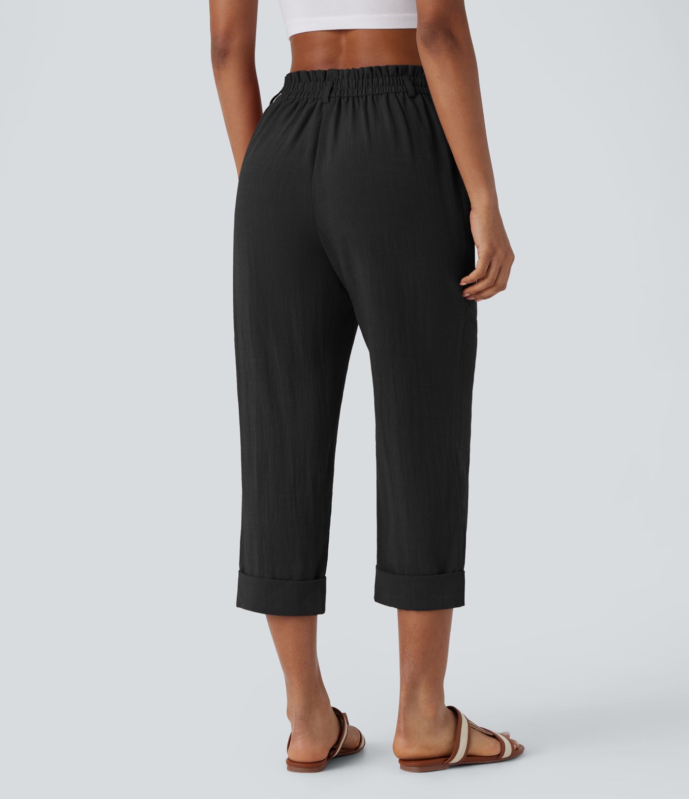 High Waisted Zipper Pocket Capri Linen-Feel Pants