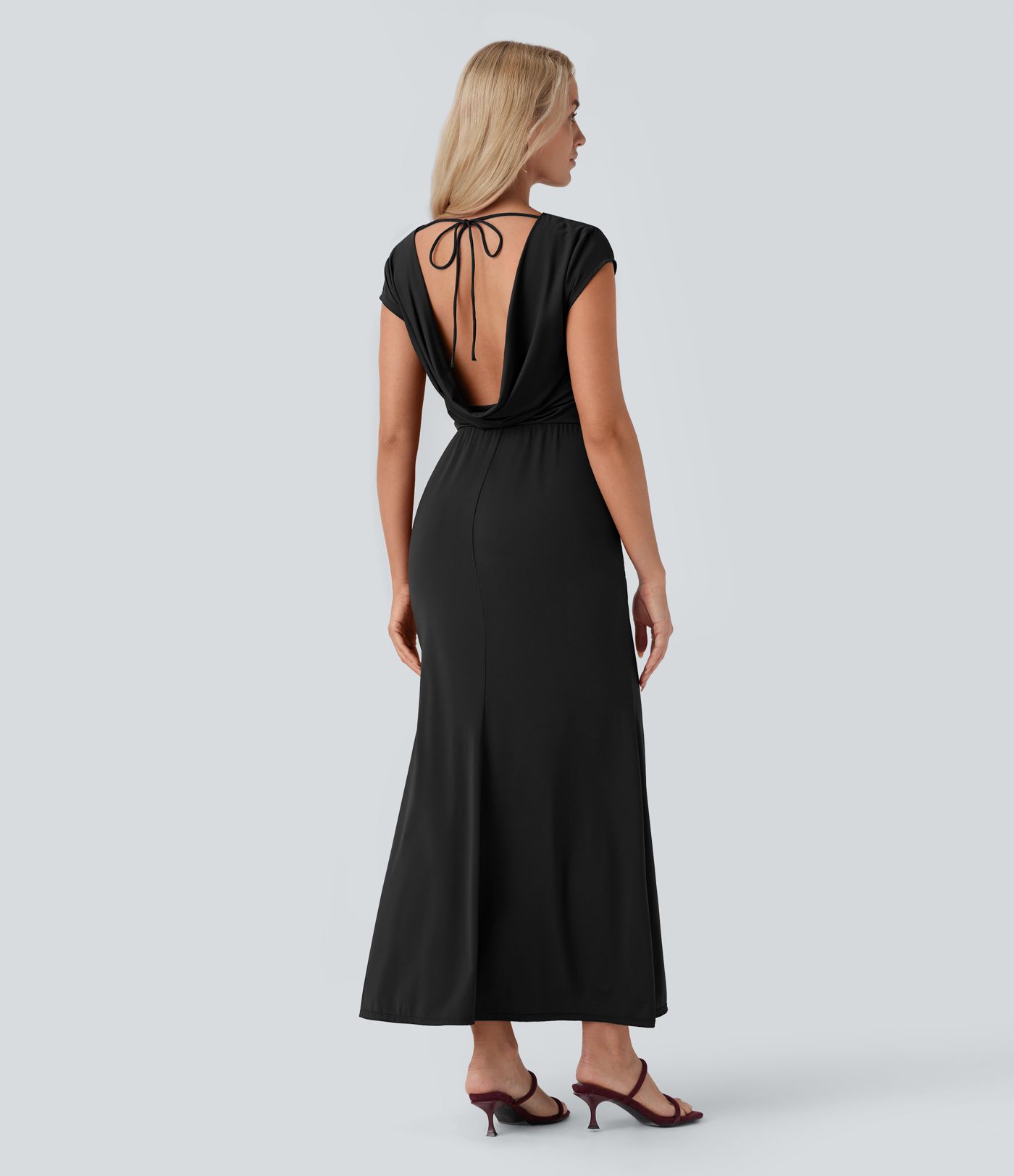 Tie Back Cowl Neck Cap Sleeve Maxi Dress