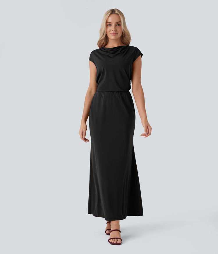 Tie Back Cowl Neck Cap Sleeve Maxi Dress