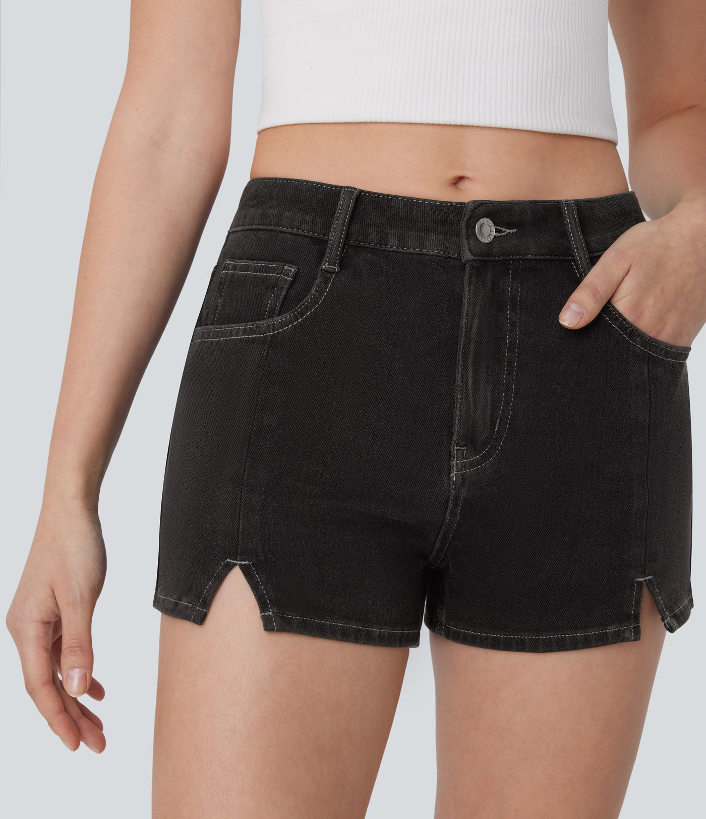 Halara Flex™ Mid Rise Multiple Pockets Split Washed Stretchy Knit Denim Casual Shorts