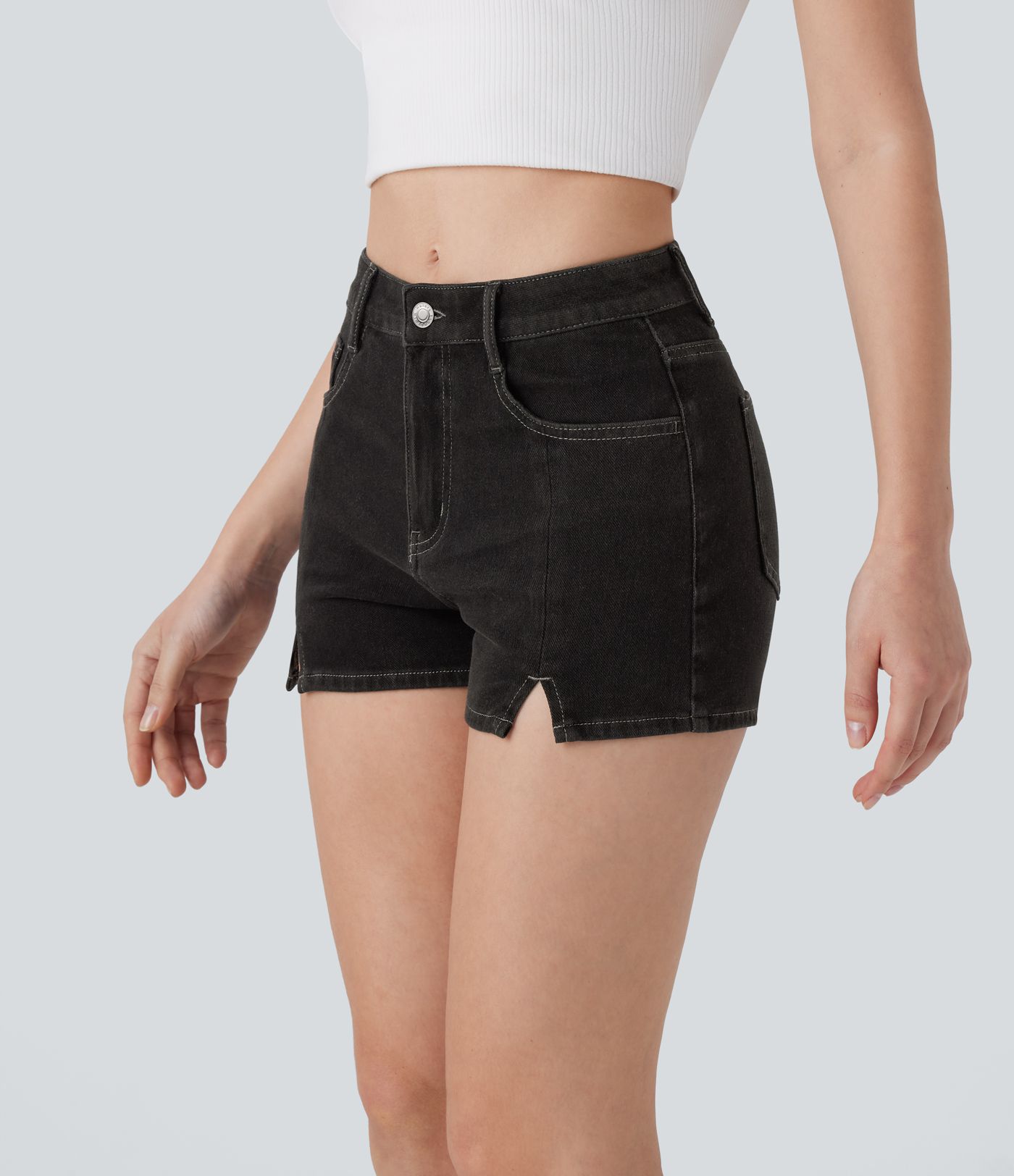 Halara Flex™ Mid Rise Multiple Pockets Split Washed Stretchy Knit Denim Casual Shorts